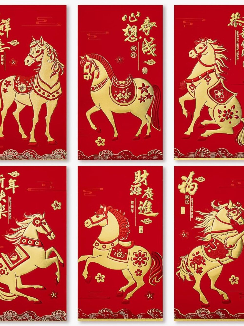 Red Envelopes Chinese New Year, 36pcs, 6 Gold Horse Designs, L